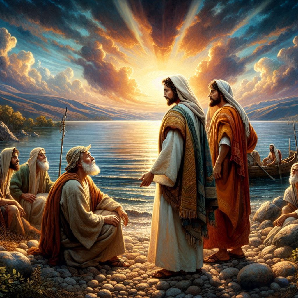 Jesús con Pedro y Andrés en las orillas del mar de Galilea