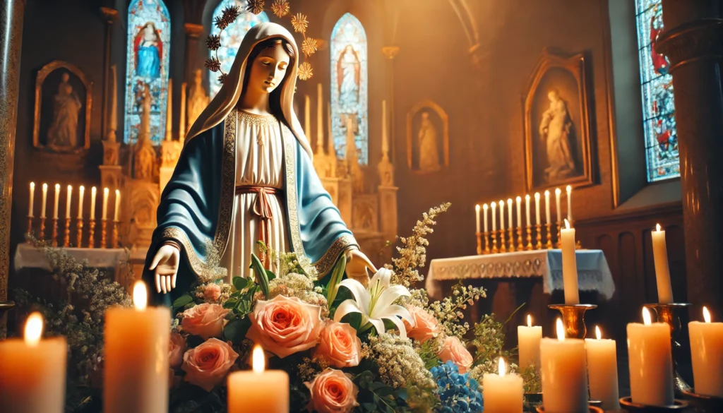 Imagen serena de la Virgen María en una iglesia, rodeada de velas encendidas y flores frescas.