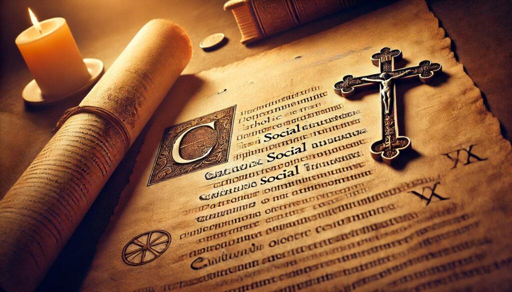 Pergamino antiguo con texto en latín y una cruz, representando documentos históricos de la Enseñanza Social Católica.