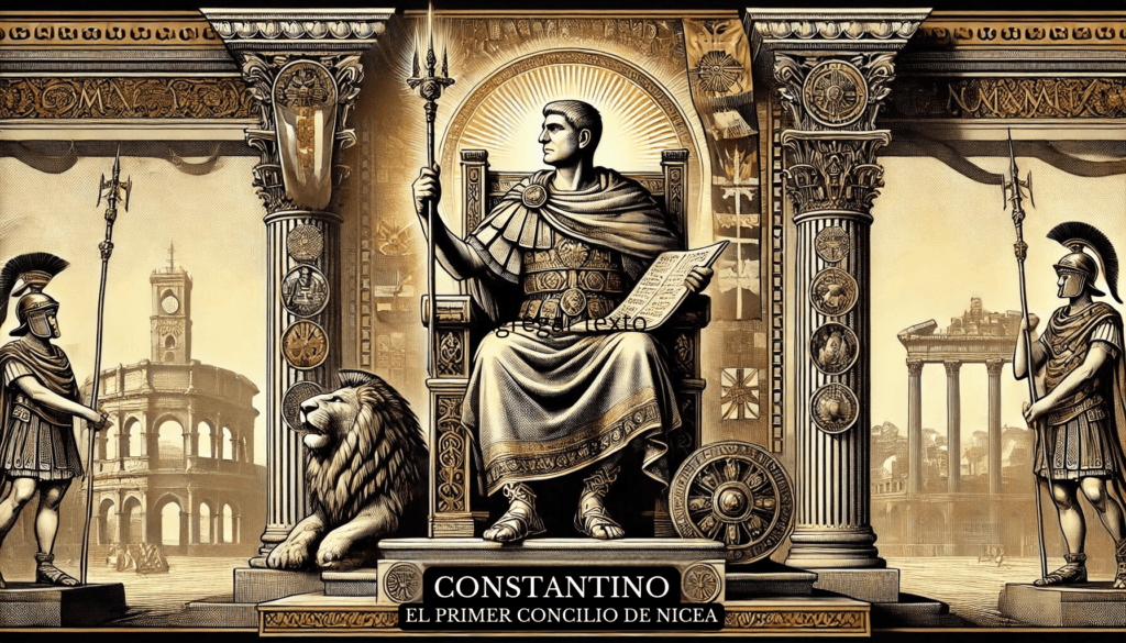 El Emperador Constantino sentado en un gran trono, sosteniendo un cetro, con elementos del Imperio Romano en el fondo.