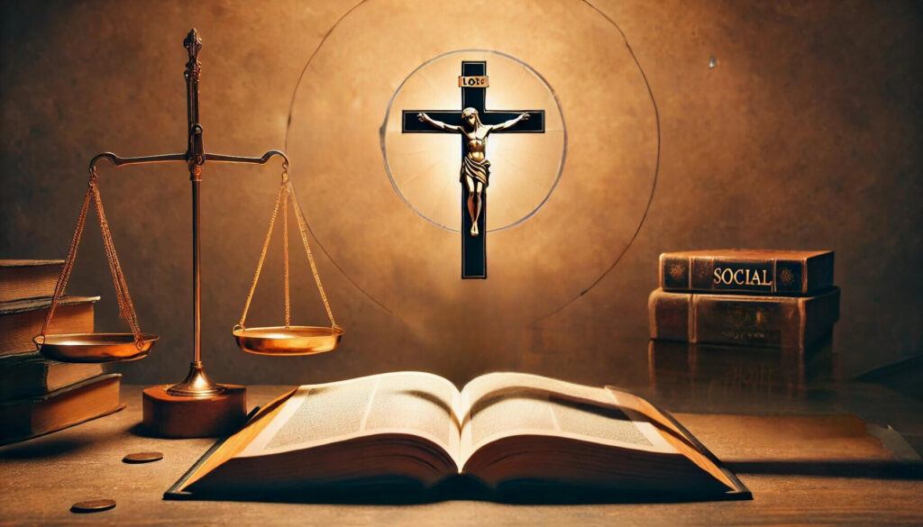 Primer plano de un libro abierto con una cruz en una de sus páginas, rodeado de símbolos de justicia social como balanzas y manos entrelazadas.