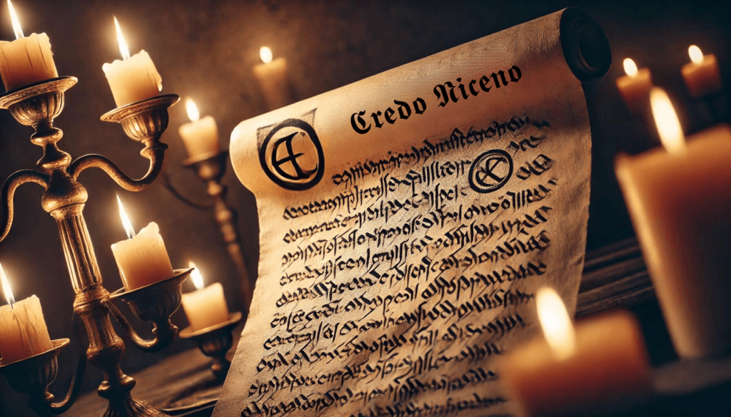 Un pergamino antiguo con el Credo Niceno escrito en caligrafía, iluminado por el suave resplandor de velas.
