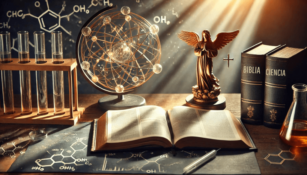 Un libro de ciencia y una Biblia uno al lado del otro, iluminados por luz natural, simbolizando la coexistencia entre ciencia y fe.