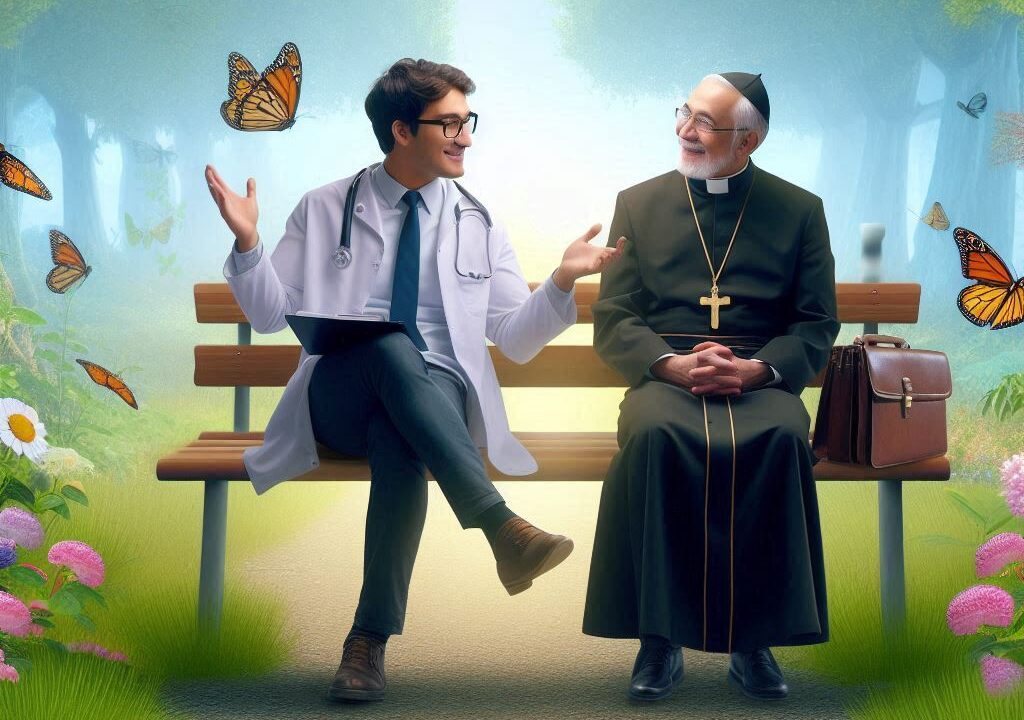 Un científico platicando amistosamente con un sacerdote