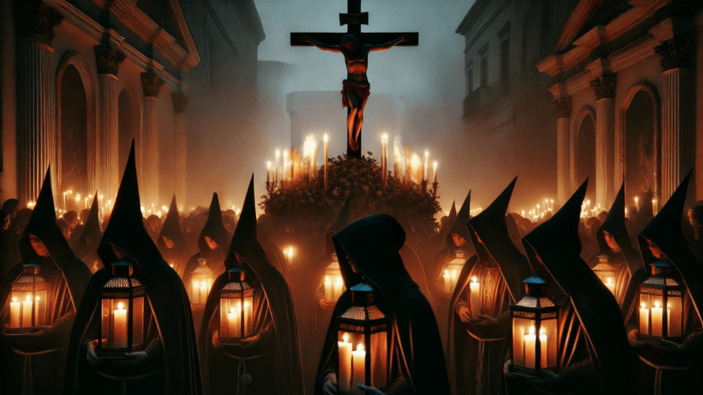Procesión solemne al anochecer con figuras encapuchadas que llevan velas y una estatua de Cristo crucificado, durante la Semana Santa.