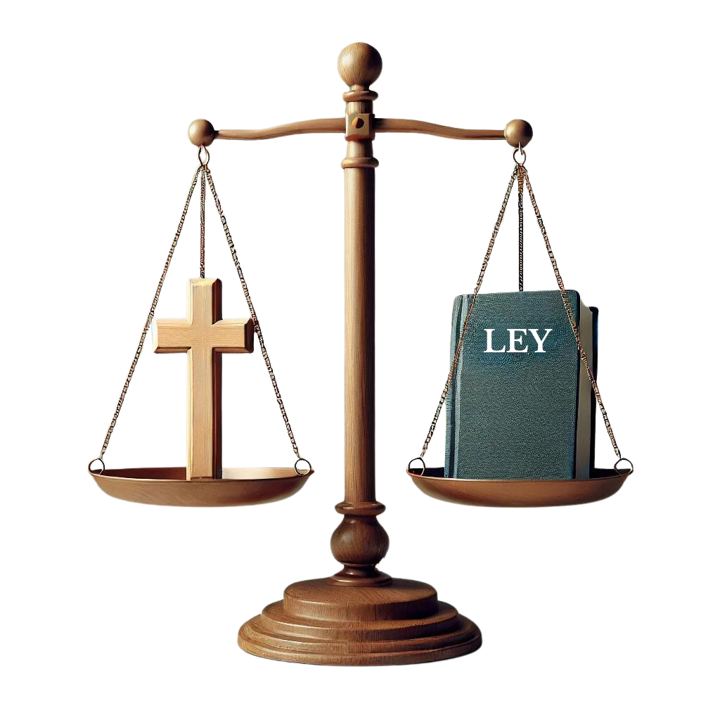 Una balanza con una cruz en un plato y un libro de la ley en el otro, simbolizando el equilibrio entre la fe y la moralidad.