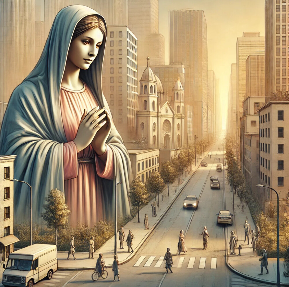 La Virgen María en un entorno urbano moderno